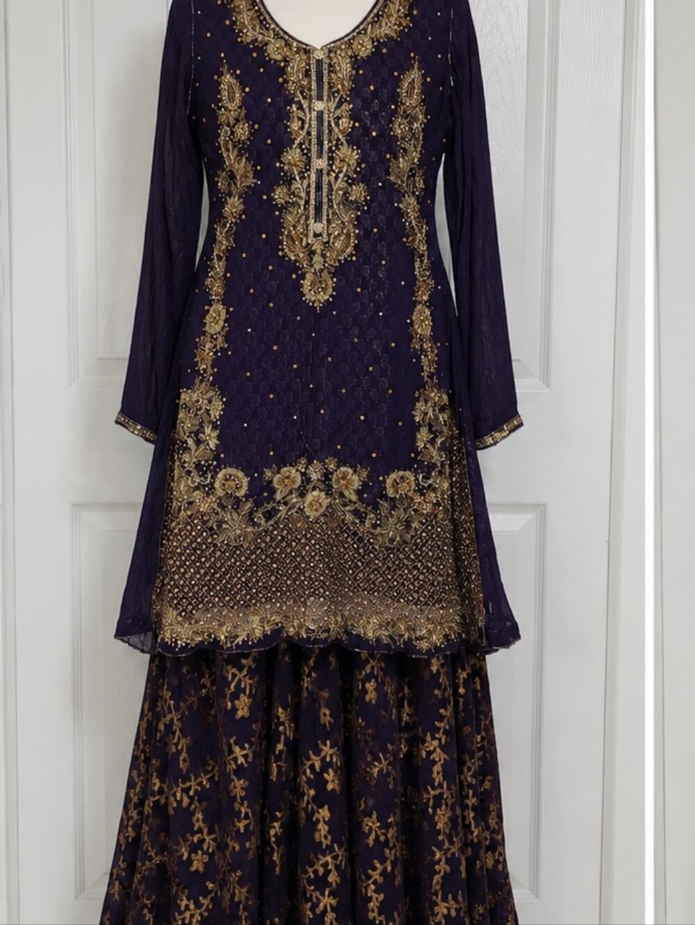 Elegant Navy Blue Embroidered Women's Tunic Top - Gold Detailing
